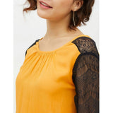 Yellow rayon lace inserts long sleeves top on hanger, soft and elegant women's fashion accessory