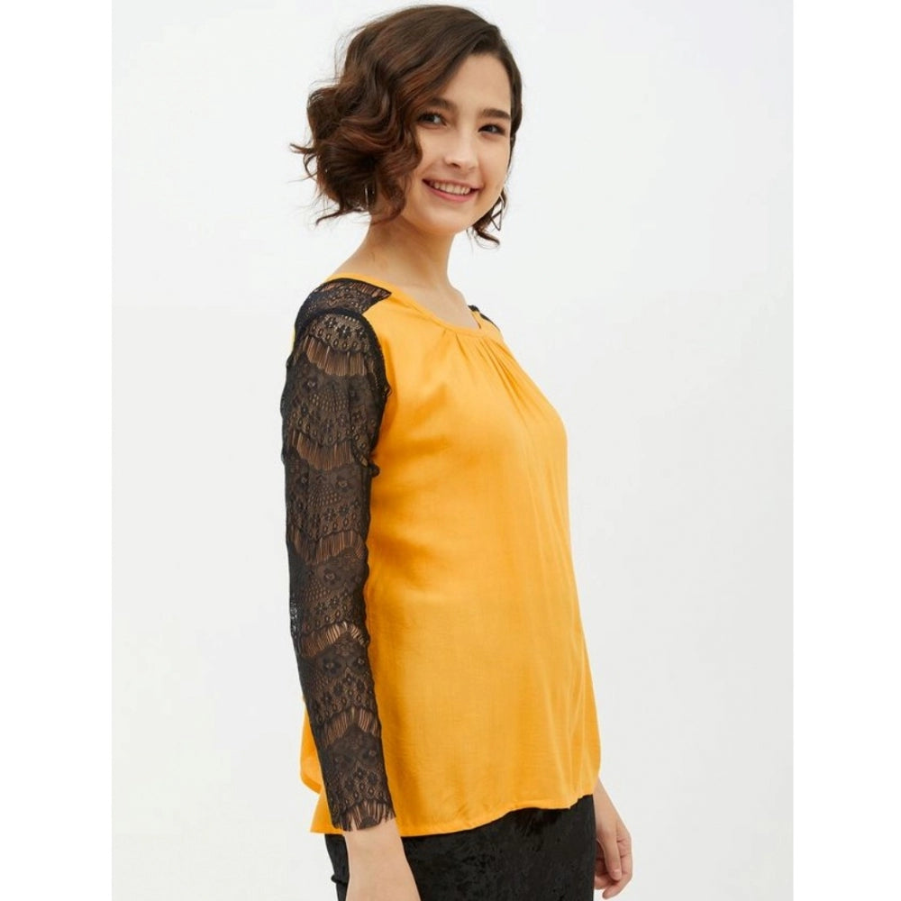 Yellow rayon lace inserts long sleeves top for women, intricate lace detailing on round neckline