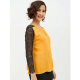 Yellow rayon lace inserts long sleeves top for women, intricate lace detailing on round neckline