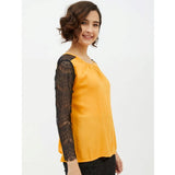 Yellow rayon lace long-sleeve top with intricate lace inserts, ideal for formal occasions