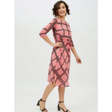 Pink polyester checkered below-knee dress with 3/4th sleeves