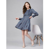 Grey & Coral polyester polka long sleeves above knee dress for women