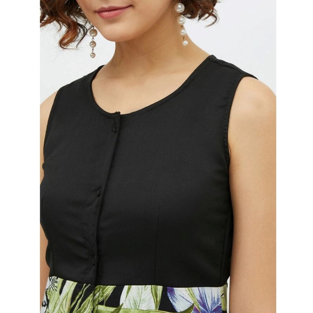 Multicolor rayon floral sleeveless calf-length dress on model, vibrant floral pattern