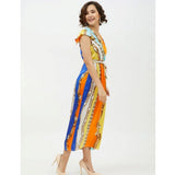 Multicolor satin chain print cap sleeve calf-length dress, women's fashion on mannequin