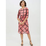 Pink polyester checkered 3/4th sleeves below knee dress