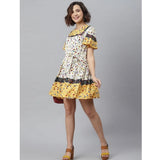 Multicolor polyester floral flutter dress with round neck and above-knee length