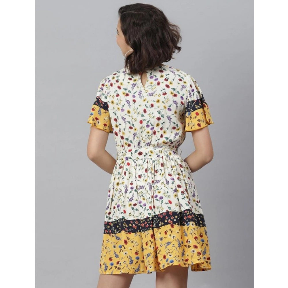 Multicolor polyester floral flutter dress for women, above knee length with round neck and flutter sleeves