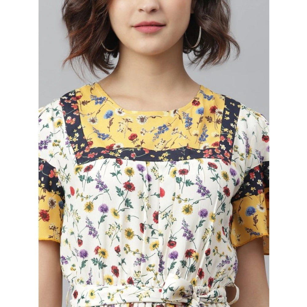 Multicolor polyester floral flutter dress for women, vibrant floral pattern on above-knee length with round neck