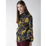 Black satin printed long sleeve shirt with gold accents, women's formal wear for parties