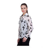 White polyester printed long sleeves shirt with collar, ideal for casual wear or work attire