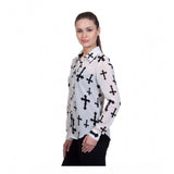 White polyester printed long sleeve shirt with standard length, patterned design