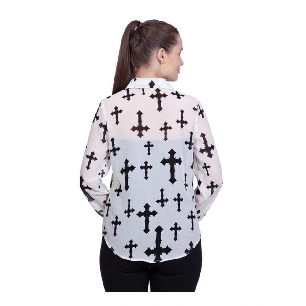 Women's white polyester printed long-sleeve shirt with standard length, featuring vibrant print design on collar and sleeves