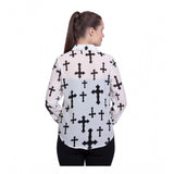 Women's white polyester printed long-sleeve shirt with standard length, featuring vibrant print design on collar and sleeves