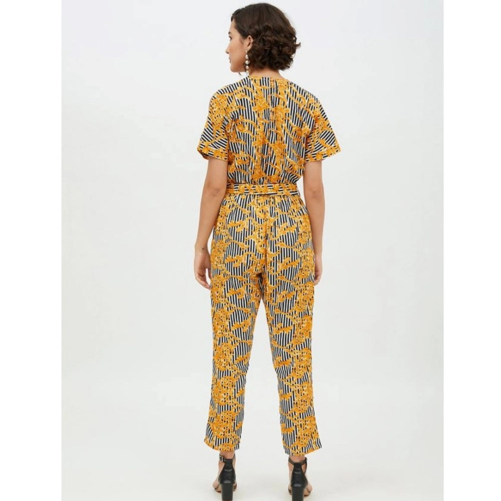 Yellow polyester printed half sleeve long jumpsuit with V neck, perfect for casual outfits