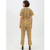 Yellow polyester printed half sleeve long jumpsuit with V neck, perfect for casual outfits