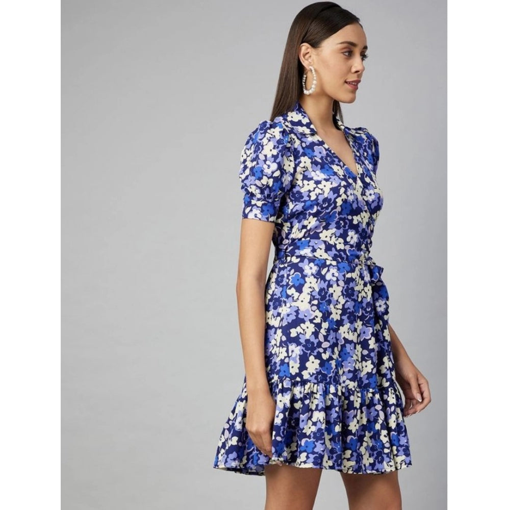 Blue & Purple polyester floral short sleeve above knee dress with collar neckline