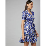 Blue & Purple polyester floral short sleeve above knee dress with collar neckline