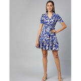 Blue-Purple polyester floral short sleeve above knee dress for women, featuring a collar neckline