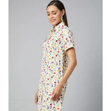 Multicolor polyester floral short sleeve above knee dress with collar, vibrant floral pattern on women's summer outfit