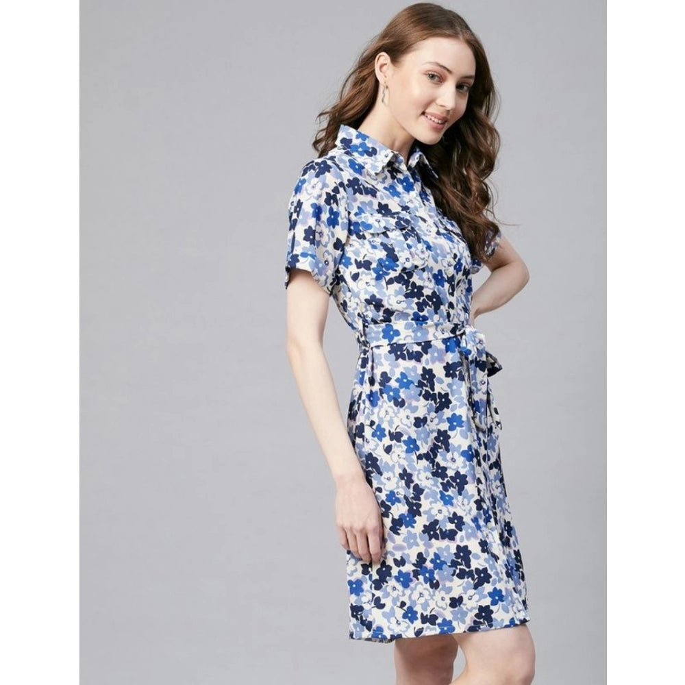 Blue & White floral print polyester women's short sleeve above knee dress on mannequin