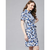 Blue & White floral print polyester women's short sleeve above knee dress on mannequin