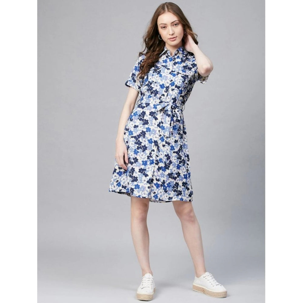 Blue & White Polyester Floral Short-Sleeve Dress for Women, above-knee length with collar neck