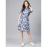 Blue & White Polyester Floral Short-Sleeve Dress on model, stylish above-knee length for women's summer fashion