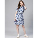 Blue & White Polyester Floral Short-Sleeve Dress for Women, above-knee length with collar neck