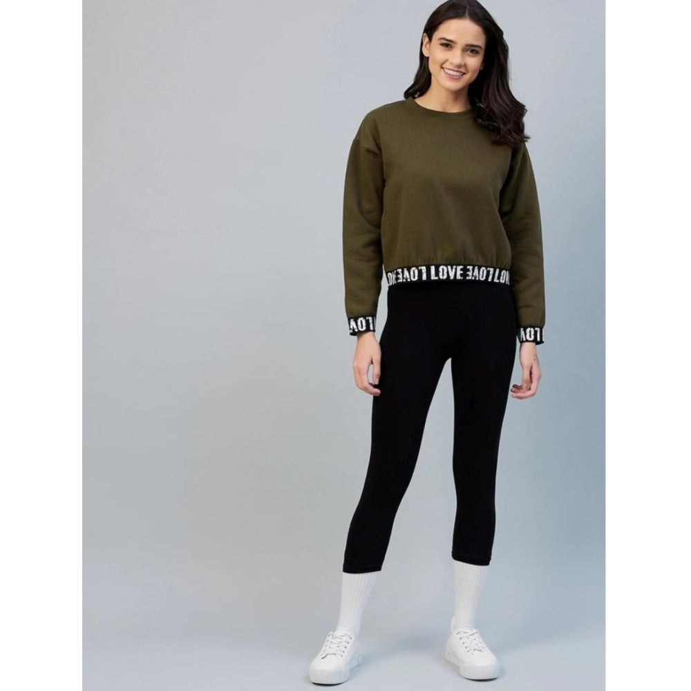 Olive fleece women's long-sleeve solid sweatshirt, round neck style on clothing rack