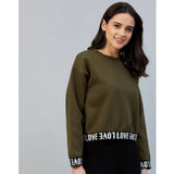 Olive fleece long sleeve women's sweatshirt - solid pattern, round neck style