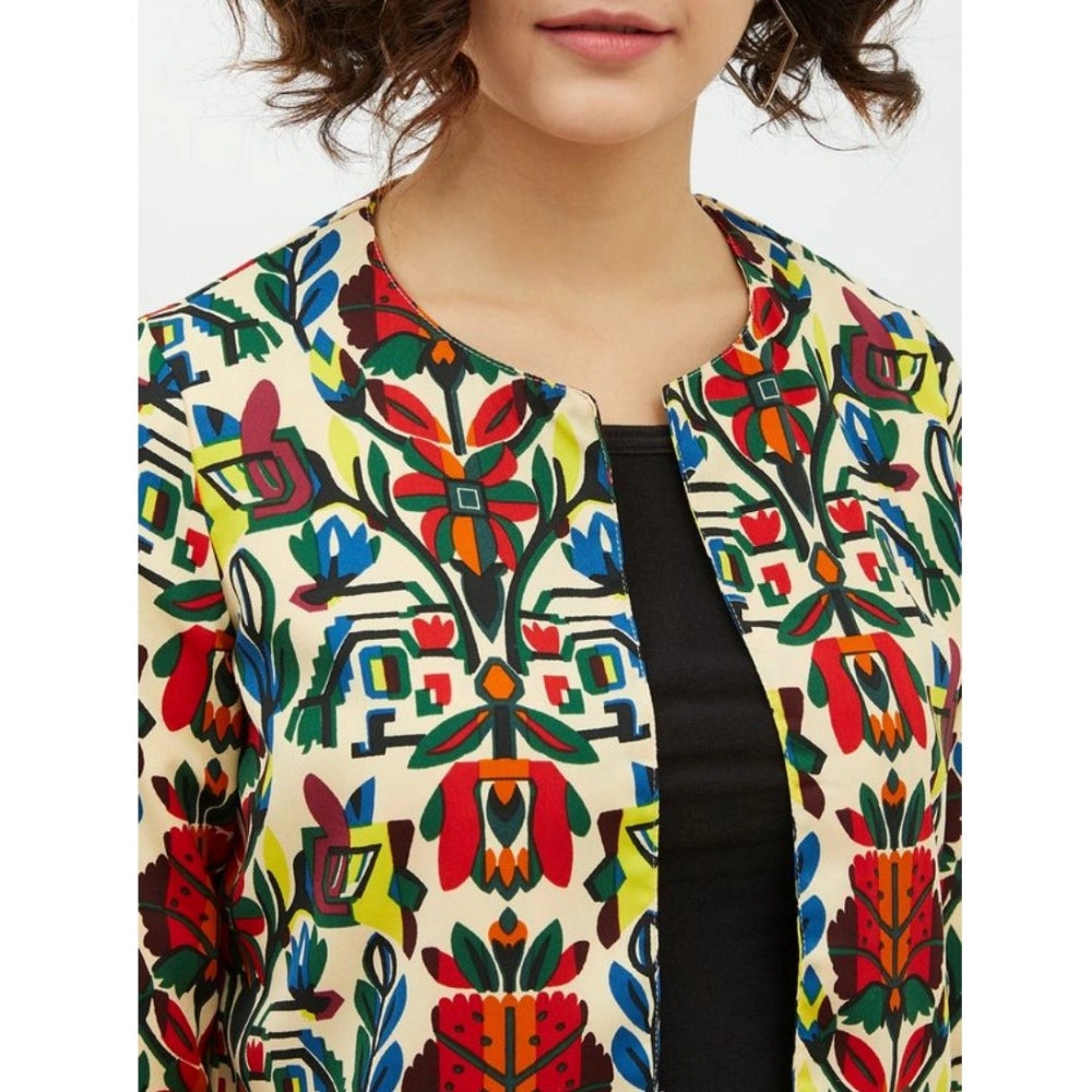 Multicolor polyester floral 3/4 sleeves shrug for women, round neck, fashionable clothing accessory on mannequin