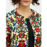Multicolor polyester floral 3/4 sleeves shrug for women, round neck, fashionable clothing accessory on mannequin