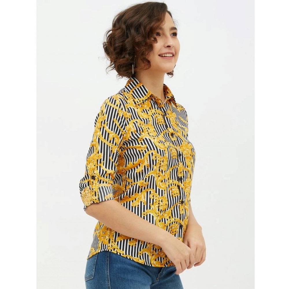 Mustard polyester printed roll-up sleeve standard length women's shirt on hanger