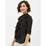 Black polyester ruffled long sleeves shirt - stylish standard length ladies top with mandarin collar