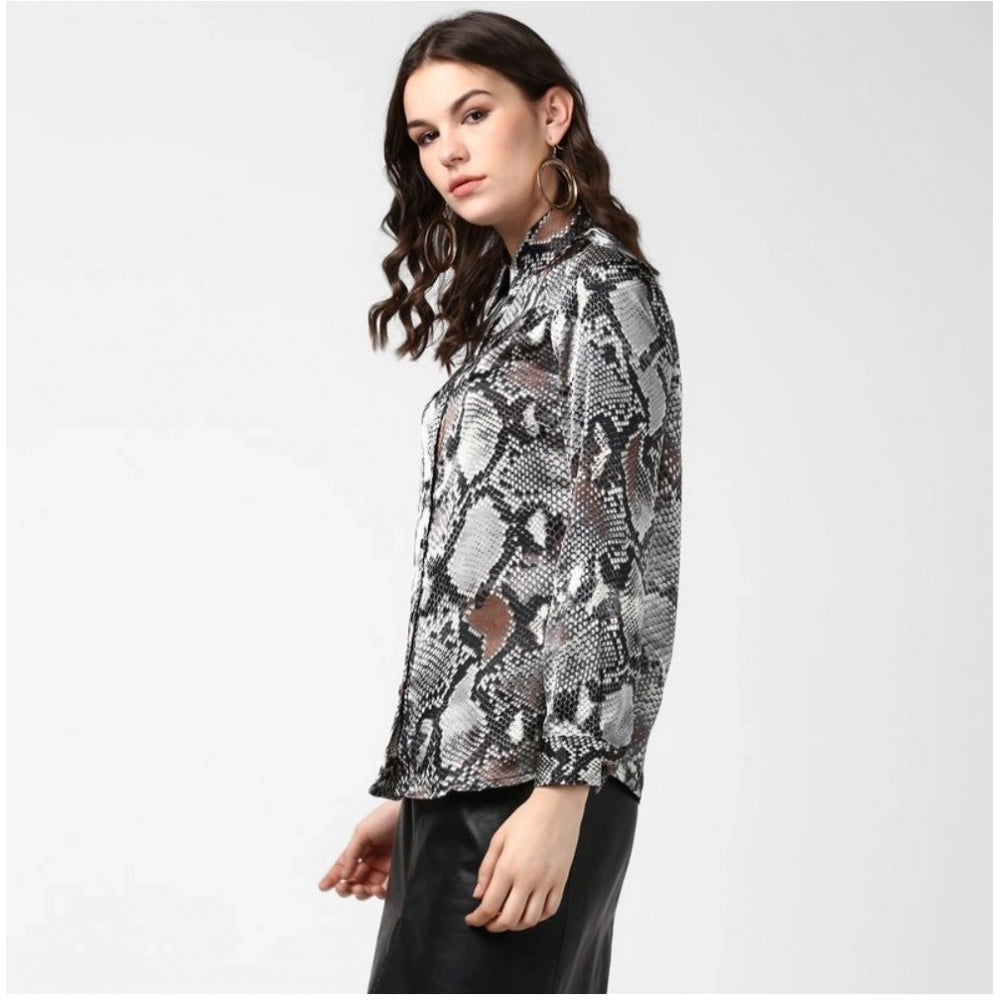 Black-Grey satin animal print long sleeves shirt on model