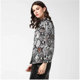 Black-Grey satin animal print long sleeves shirt on model