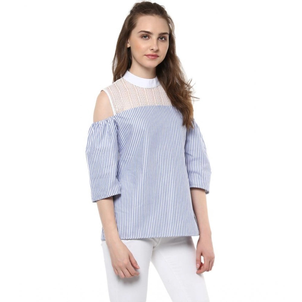Blue striped cotton cold shoulder top for women's fashion, mock neck style with open shoulders