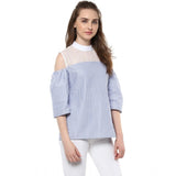 Blue striped cotton cold shoulder top for women's fashion, mock neck style with open shoulders