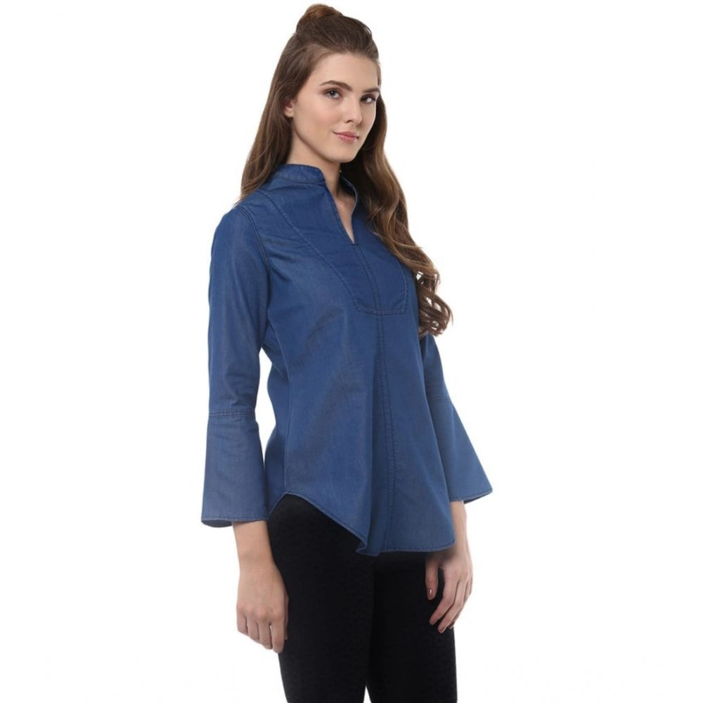 Blue denim women's solid bell sleeve regular top with collar neck - fashionable wardrobe essential