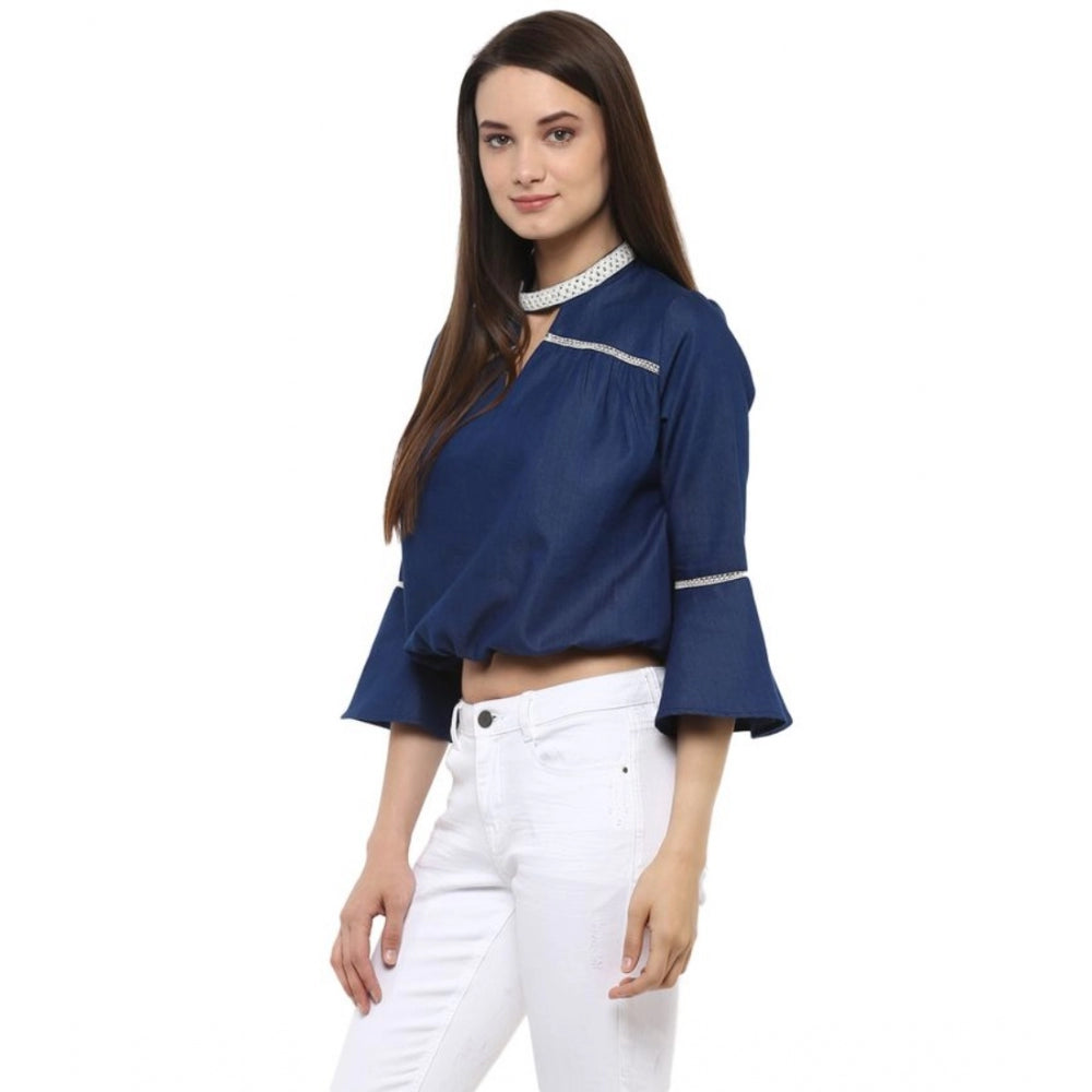 Blue polyester solid bell sleeve top for women with a keyhole neckline