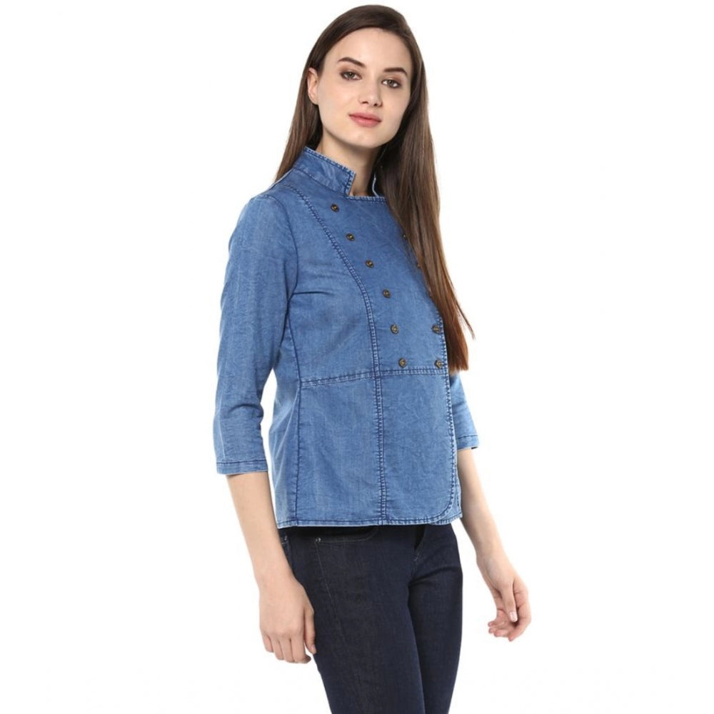 Blue denim solid 3/4 sleeves women's top on hanger
