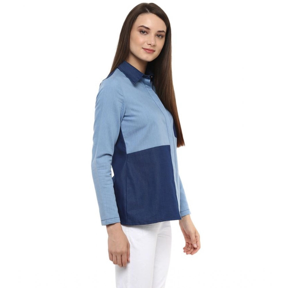 Blue denim patchwork long sleeve regular top for women, varied shades of denim on long sleeves