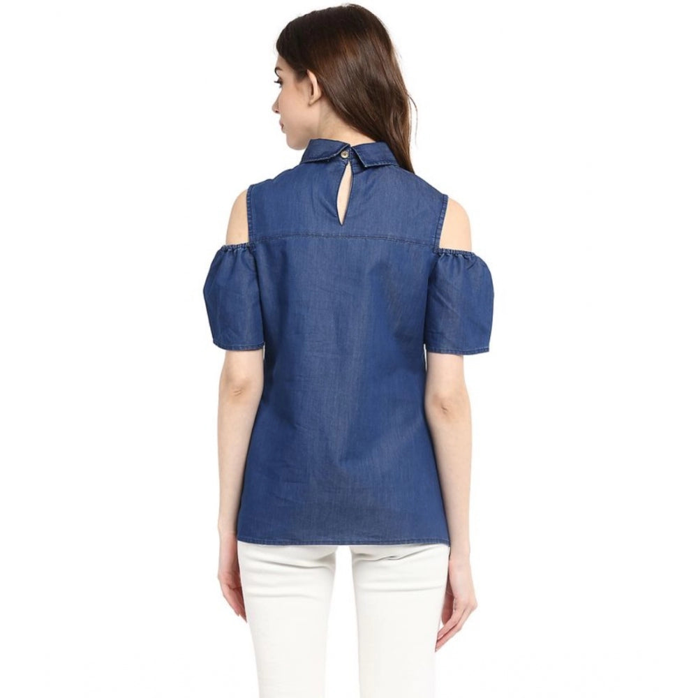 Blue denim women's cold shoulder regular top with solid pattern