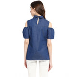 Blue denim women's cold shoulder regular top with solid pattern