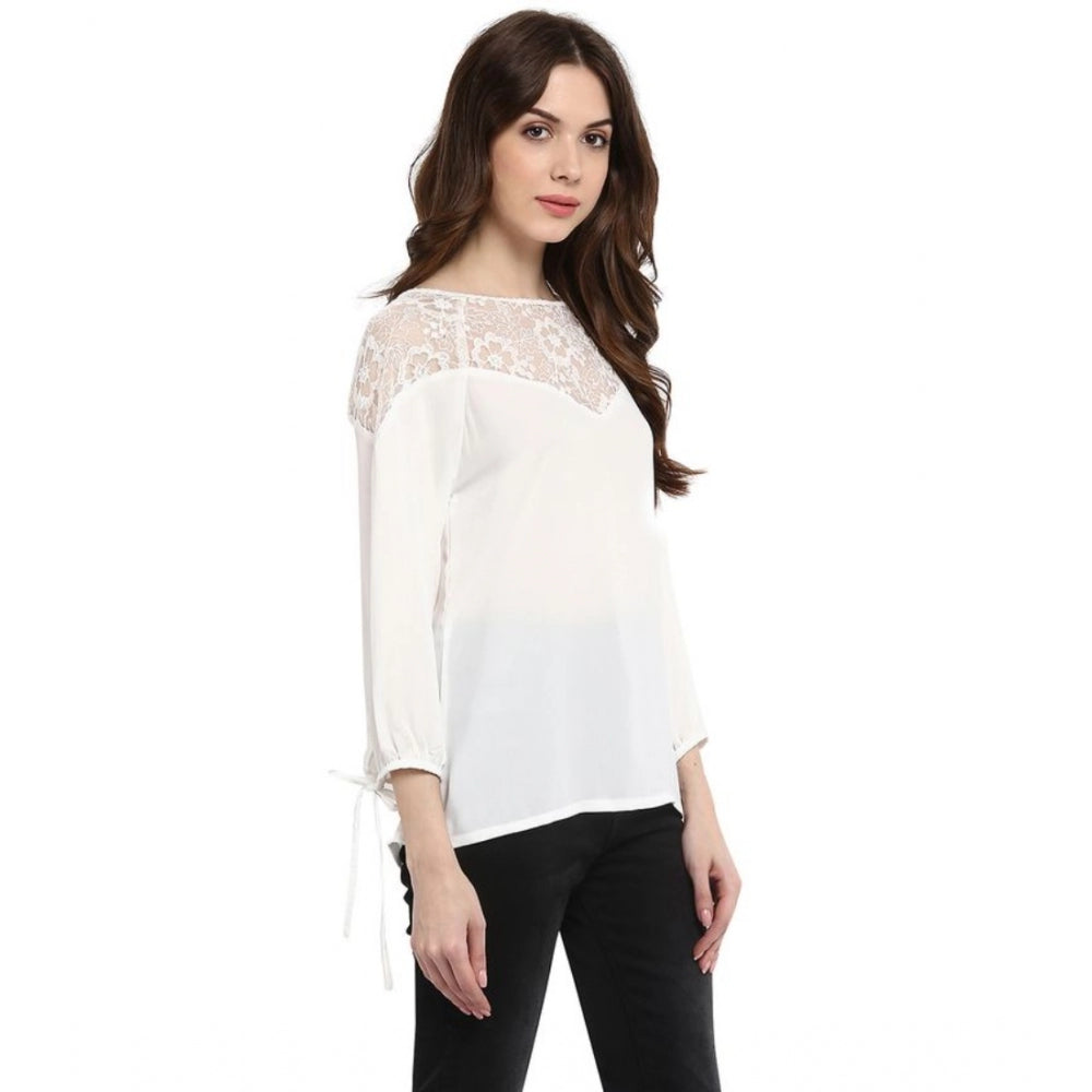 White polyester georgette self-design 3/4th sleeves regular top, round neck style