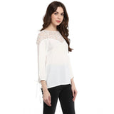 White polyester georgette self-design 3/4th sleeves regular top, round neck style