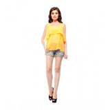 Orange polyester women's sleeveless top, solid design with round neck and regular length