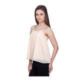 Beige polyester solid shoulder straps women's top, regular length with round neck on hanger