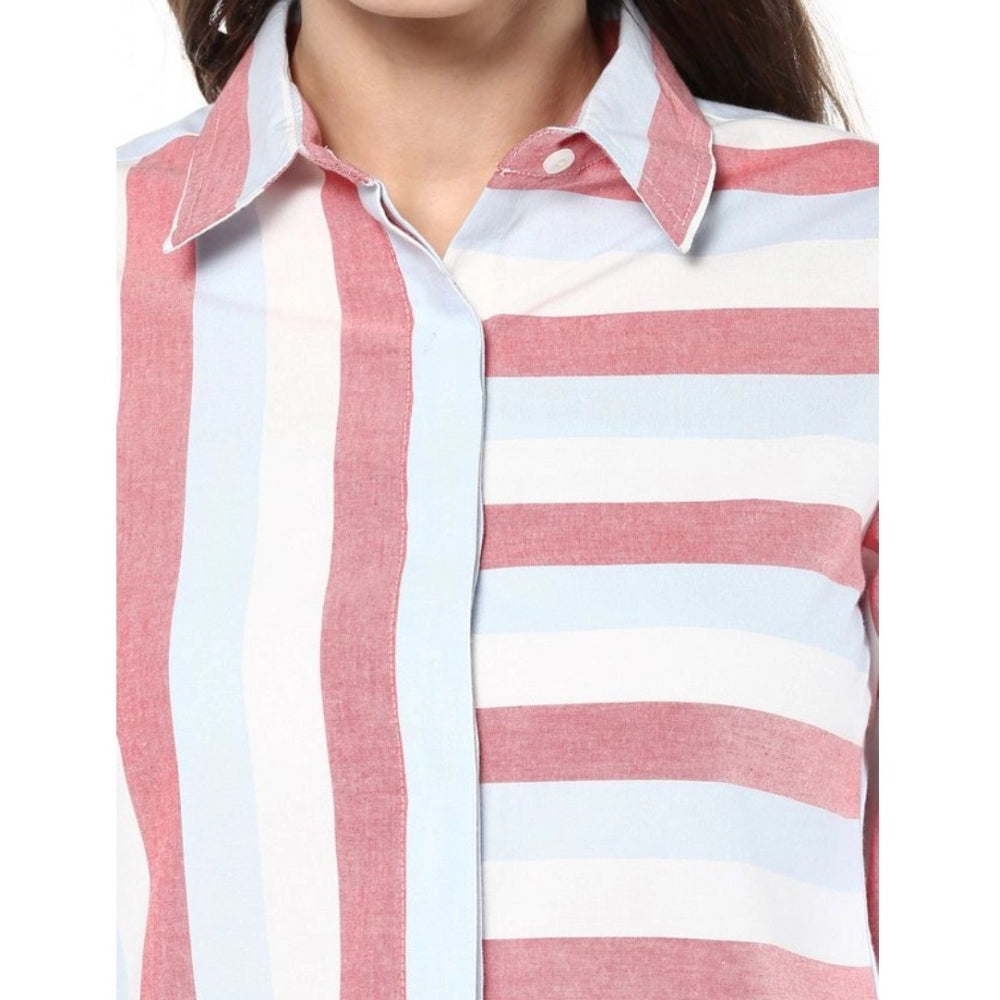 Red striped cotton roll-up sleeve regular top for women