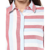 Red striped cotton roll-up sleeve regular top for women